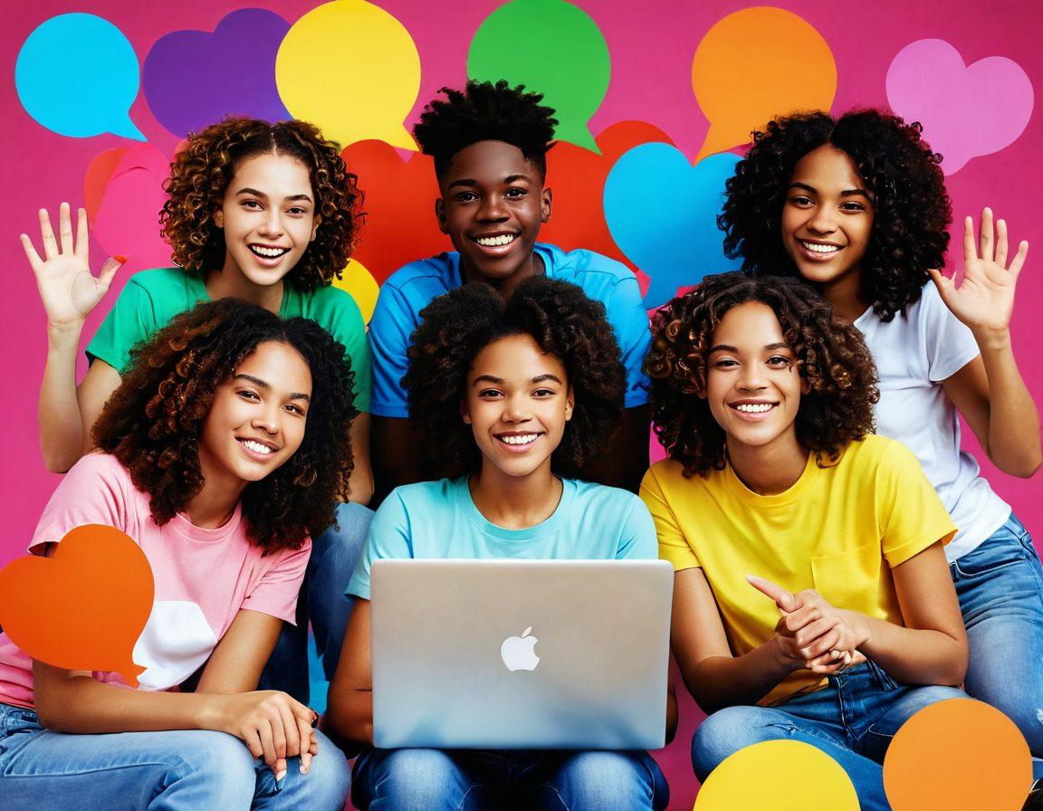 A diverse group of teenagers gathered around a laptop, engaging in a vibrant online community, with virtual chat bubbles representing empowering conversations. The background should depict a colorful digital landscape filled with symbols of support and unity, such as hearts and hands. The expression on their faces conveys enthusiasm and connection, emphasizing empowerment through technology. bright colors. 3D. dynamic composition.
