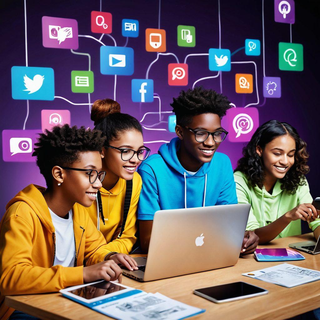 A vibrant and dynamic scene depicting diverse teenagers using technology, such as laptops and smartphones, while collaborating on creative projects. Include elements of digital empowerment like coding symbols and social media icons floating around them. The setting should be colorful, showcasing a modern, tech-inspired workspace filled with inspirational posters. Capture a sense of excitement and unity among the youth as they explore digital opportunities. super-realistic. vibrant colors. 3D.