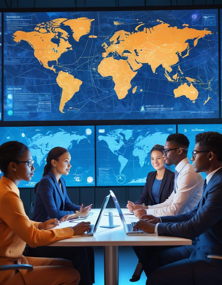 A diverse group of young leaders engaged in a vibrant virtual meeting, with glowing screens displaying maps and connection lines. Each leader exhibits unique cultural attire, expressing their individuality while collaboratively brainstorming ideas. The background is filled with soft, futuristic digital elements, enhancing the theme of connection and innovation. Super-realistic. Bold colors. High-tech ambiance.